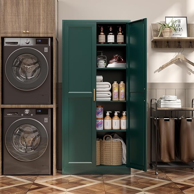 Kitchen Pantry Cabinet,71”Green Metal Pantry Storage Cabinets with Doors and 4 Adjustable Shelves,Kitchen Cabinet with 2 Gold Handles,Tall Cabinet for Livingroom, Bathroom-Ruum Studio Home