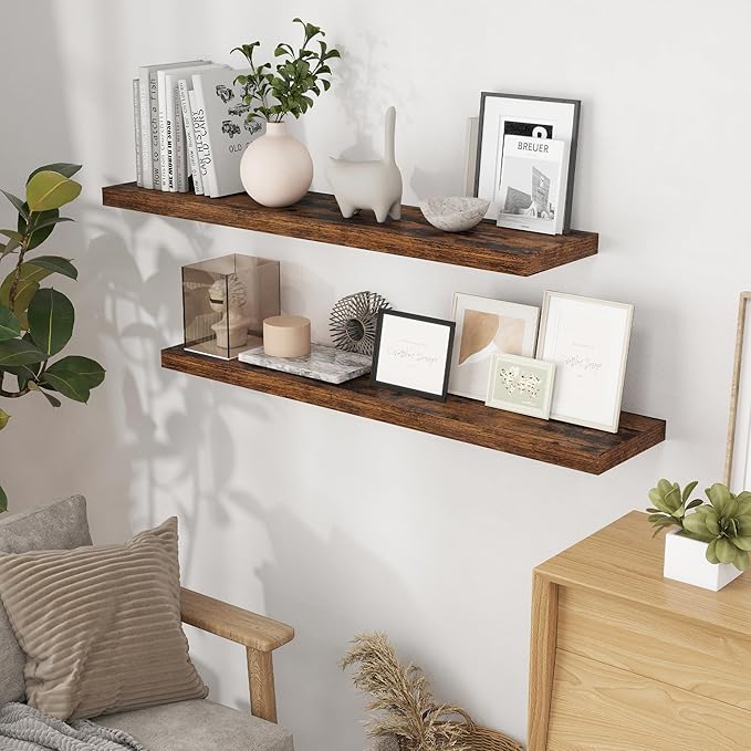48 Inch Floating Shelves Set of 2, Rustic 48 x 9 Floating Shelf for Wall, 9 Inch Deep Bookshelf Invisible Bracket, Wall-Mounted Deep Shelving for Bedroom, Kicten, Living Room, Rustic Brown Color-Ruum Studio Home