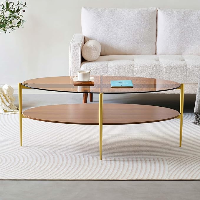 Oval Glass Coffee Table, Mid-Century Modern Design, L43 x W22 x H17 inch, 2-Tier Structure, Olive Shaped Amber Glass Top and Walnut Finish Wood Shelf, Tapered Legs with Gold Finish Frame-Ruum Studio Home