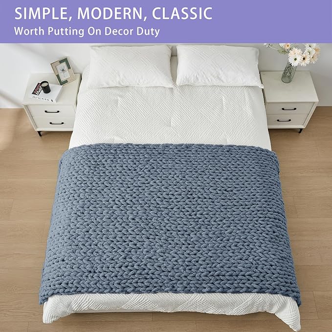Bigacogo Chunky Knit Throw Blanket for Couch, 40x80 inches, 100% Hand Knitted with Thick Jumbo Chenille Yarn, Cozy Soft Large Rope Knot Cable Crochet Blankets for Sofa Bed Living Room, Cold Sea Blue-Ruum Studio Home