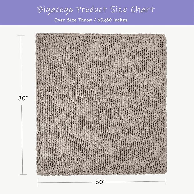 Bigacogo Chunky Knit Throw Blanket for Couch, 60x80 inches, 100% Hand Knitted with Thick Jumbo Chenille Yarn, Cozy Soft Large Rope Knot Cable Crochet Blankets for Sofa Bed Living Room, Taupe-Ruum Studio Home