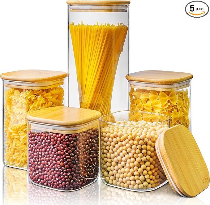 Multi Size - 5 Pack Square Glass Jars with Bamboo Lids, Glass Food Storage Containers with Airtight Lids for Kitchen, Air Tight Pantry Storage Containers for Cereal, Pasta, Rice, Sugar, Coffee, Spice-Ruum Studio Home