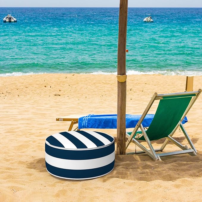 Inflatable Ottoman Stool D21 xH9 for Outdoor/Indoor Use, Water Repellent Patio Foot Rest Stool with Portable Handle,Round Pouf Ottoman Suitable for Garden,Deck and Camping - Cabana Navy-Ruum Studio Home
