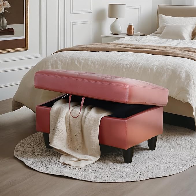 Ottoman Rectangular Storage Ottoman Bench, Faux Leather Footrest, Coffee Table, Stool Footstool with Hinged Lid for Living Room, Bedroom, Entryway, Red, 35"x23.5"x17.5"-Ruum Studio Home