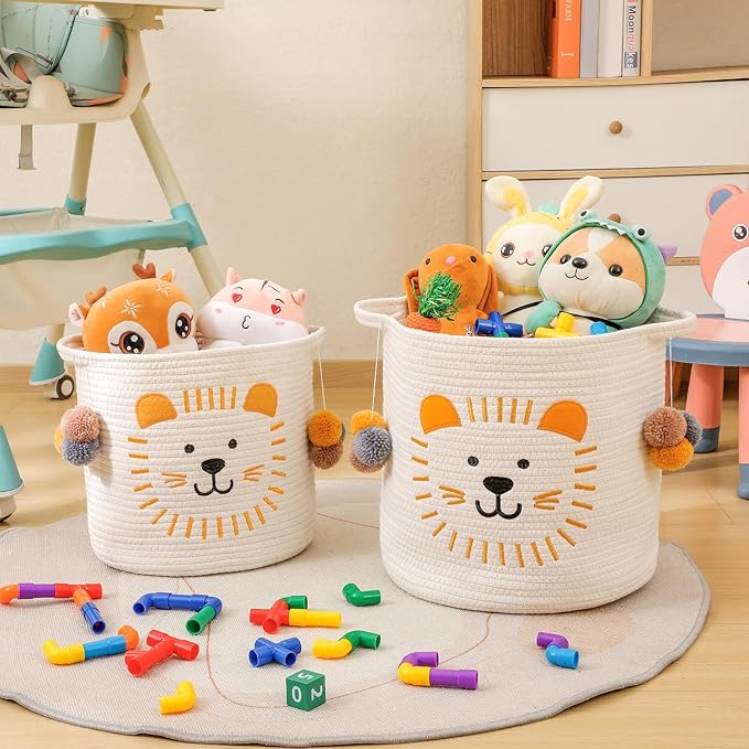 Large Blanket Baskets for Living Room Decor, Toy Storage Baskets Woven Cotton Rope Animal Storage Basket for Kids, Dog Toys Organizer Clothes Hamper with Embroidery Decor for Nursery (Large, Lion)-Ruum Studio Home