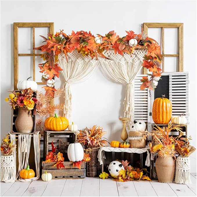 DearHouse 6ft Pumpkin Fall Maple Leaves Garland - Artificial Autumn Foliage Hanging Vine for Thanksgiving, Home, Wedding, Fireplace, Party, Christmas Decor (Orange & Brown)-Ruum Studio Home