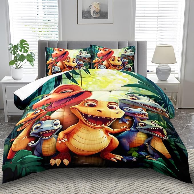 Dinosaur Comforter Set Queen Boys,Cartoon 3D Dinosaur Bedding Set Queen Bed Kids,3D Dragon Comforter Dragon Quilt Pattern Bedroom Decor,Cute Animal Bedding Kawaii Animal Quilt Girls-Ruum Studio Home
