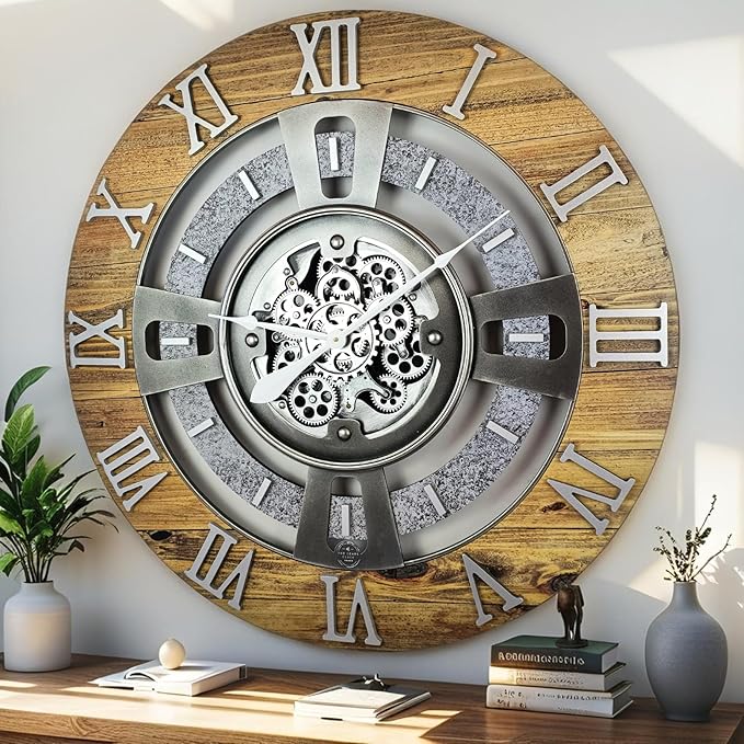 The Gears Clock Real Moving Gear Wall Clock England Line (Wood & Stone, 24 inches (60 cm))-Ruum Studio Home