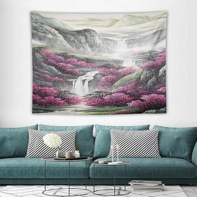 Japanese Tapestry, Red Plum Blossom Mountain Tapestry, Asian Japanese Wall Tapestry, Nature Landscape Tapestries for Bedroom Living Room Decor 80"x60"-Ruum Studio Home