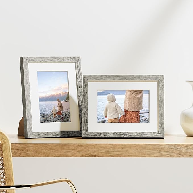Vittanly 6x8 Picture Frames Set of 9, Shatter Resistant Plexiglass, Display 4x6 Pictures with Mat or 6x8 without Mat, Photo Frames for Wall or Tabletop, Engineered Wood, Grey-Ruum Studio Home