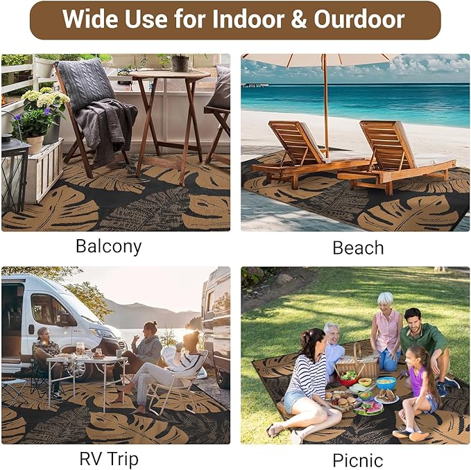 GAOMON Outdoor Rug Waterproof 9x12 Outdoor Plastic Straw Rug for Patio, Reversible Modern Camping Mat with Bag & Stakes, UV Resistant & Easy to Clean Carpet for RV, Deck, Balcony, Porch, Brown-Ruum Studio Home