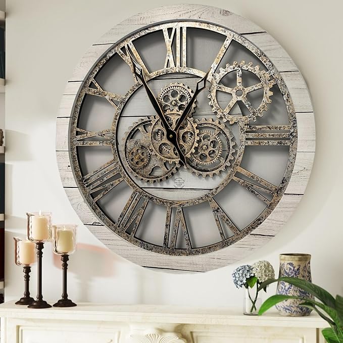 The Gears Clock The Original Real Moving Gear Wall Clock Vintage Industrial Oversized Rustic Farmhouse (24 inch (60cm),White Farmhouse)-Ruum Studio Home