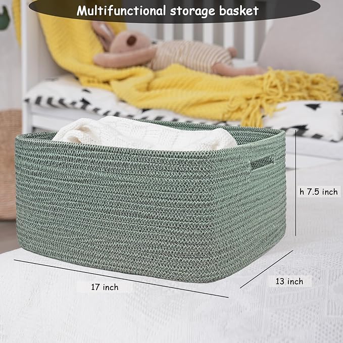 COMFY-HOMI Cotton Rope Woven Basket with Handles for Shelves,Toys,Book, Cloth Storage Baskets for Organizing-17" x 13" x 7.5" Toy Decorative Organizer for Living Room, Bathroom （Green）-Ruum Studio Home