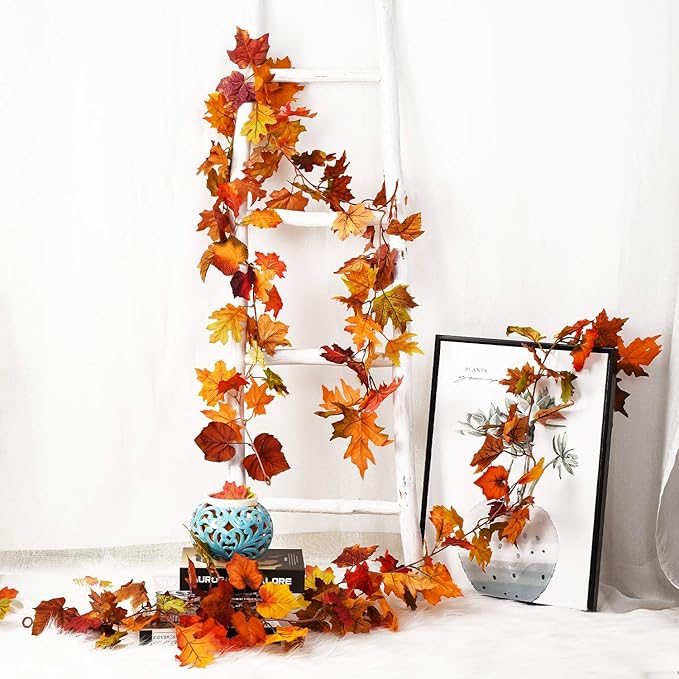 DearHouse 2 Pack Fall Garland Maple Leaf, 5.9Ft/Piece Hanging Vine Garland Artificial Autumn Foliage Garland Thanksgiving Decor for Home Wedding Fireplace Party Christmas (Orange)-Ruum Studio Home