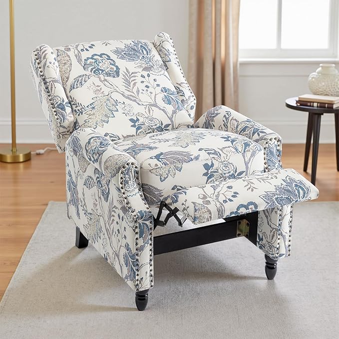 UIXE Pushback Recliner Chair, Push Back Accent Chair Fabric Upholstered Armchair for Living Room, Rivet Trim Home Theater Single Sofa Bedroom Reading Seat - Blue Plants-Ruum Studio Home