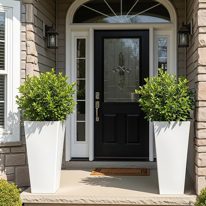 WORTH Garden Large 28 in.Tall Planters Set of 2 for Indoor and Outdoor, Heavy Duty Plastic White Modern Taper Flower Plant Pots with Drainage Hole and Dual-Purpose Tray for Front Porch, Patio-Ruum Studio Home