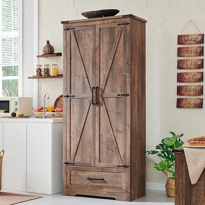 Farmhouse Kitchen Pantry Cabinet - 72" Tall Wood Kitchen Storage Cabinets with Adjustable Shelves & 2 Barn Doors & Drawer, Versatile Storage for Dining Room, Bathroom, Utility Room, Light Brown-Ruum Studio Home
