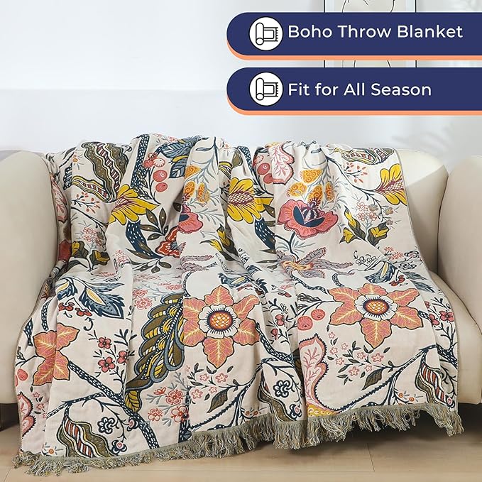 Boho Cotton Throw Blanket - Ultra-Soft Rustic Quilt for Bed, Home Decor & Travel - Large 60"x80" Muslin Blanket - All-Season Lightweight Bedspread & Throw for Women & Moms-Ruum Studio Home