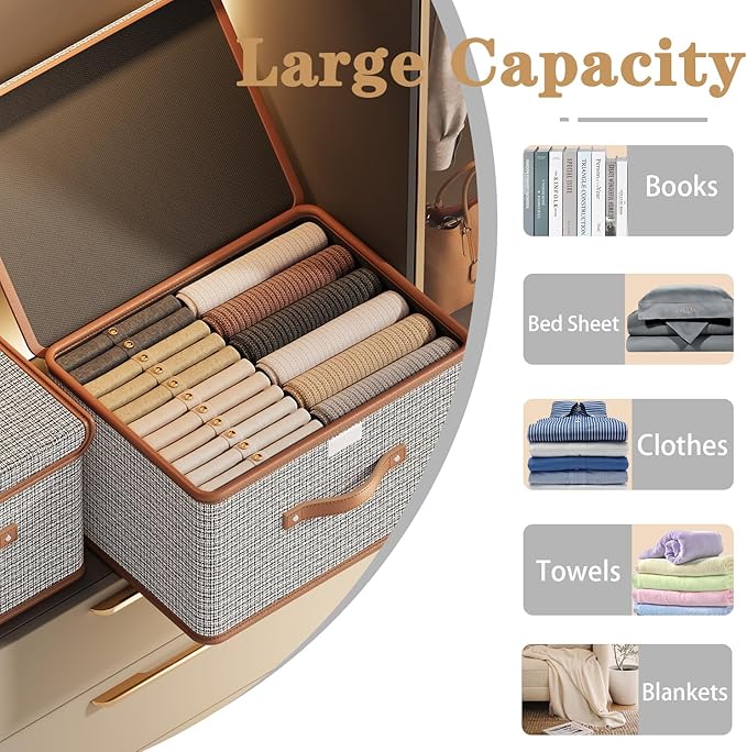 Tuza 4 Pack Storage Bins with Lids, Collapsible Closet Organizer Container, Fabric Organizer Box with Handles, Decorative Storage Boxes with Lids for Organizing Clothes, Blanket, Light Grey, Medium-Ruum Studio Home