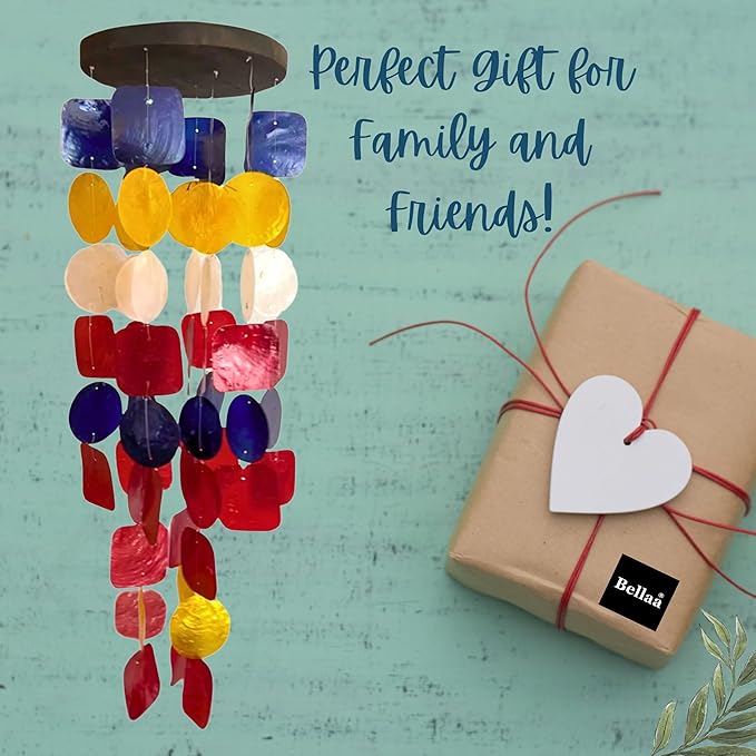 Bellaa 24872 Wind Chimes Outdoor, Garden Decorations, Musical, Indoor/Outside Windchimes, Beach, Ocean Breeze, Gifts for Mom, Gift for All Occasions, Sea Glass Shells Wood Red Blue Yellow White-Ruum Studio Home