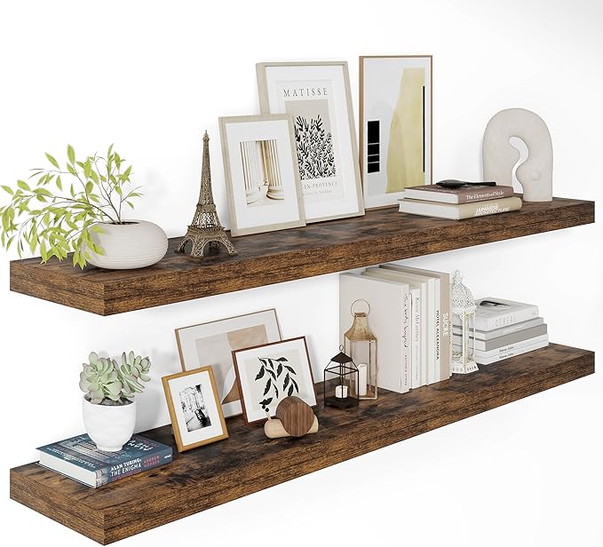 12" Deep Floating Shelves for Wall 48 Inches Long, Heavy Duty Wall Shelves for Bedroom Bathroom Kitchen Laundry Room, Farmhouse Rustic Shelves for Home Decor, 48" X 12" X 2" Set Of 2, Rustic Brown-Ruum Studio Home