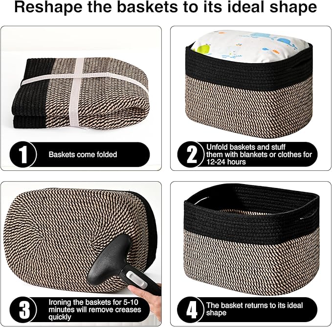 Storage Baskets for Organizing Shelves, Toy Basket for Kid's Room, Woven Cotton Rope Basket for Decor, Organizing Baskets for Bedroom Living Room, 15"x11"x9.5", 3 Packs, Black & Jute-Ruum Studio Home
