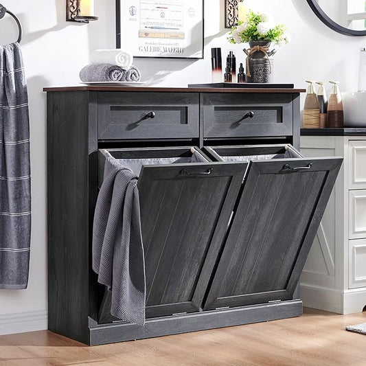 Double Tilt Out Laundry Hamper Cabinet, 20 Gallon Farmhouse Trash Can Cabinet with Drawer, Hidden Wood Garbage Can Bin Cabinet with Laundry Storage Basket for Bathroom, Kitchen, Dark Grey-Ruum Studio Home