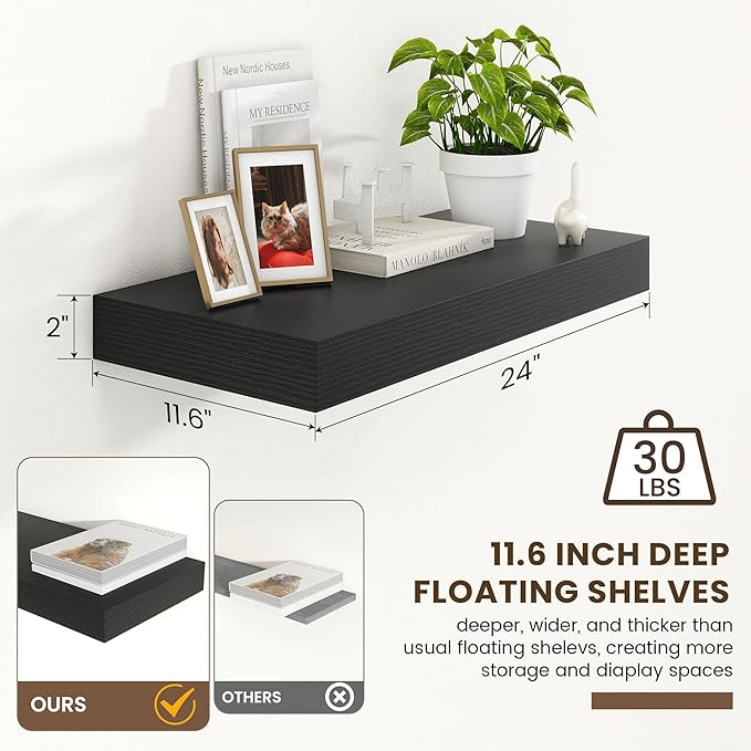Deep Floating Shelves for Wall | 24 Inch Wide x 12 Inch Deep Black Floating Shelves | 24W x 12D Rustic Wood Wide Wall Shelves | Bookshelf Laundry Shelf TV Shelf-Ruum Studio Home