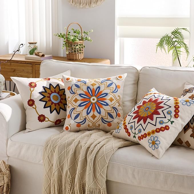Embroidered Throw Pillow Cover 18x18 Classic Boho Floral Pattern Pillows Cover Outdoor Decorative Pillowcase,Durable Cozy Textured Cushion Case for Sofa Couch Bed Living Room,Orange Blue-Ruum Studio Home