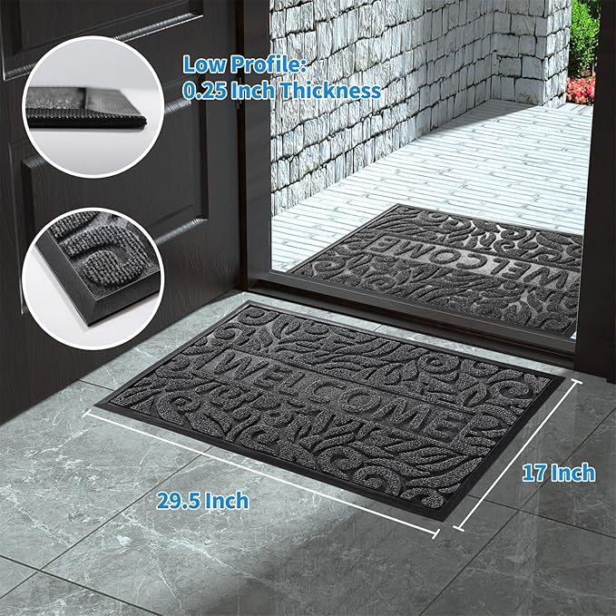 Yimobra Welcome Door Mat Outdoor Indoor, Non Slip Front Doormats, Heavy Duty Rubber Backing, Low-Profile Entrance Mat, Absorbent Resist Dirt, Easy Clean Patio Garage Floor Mats, 29.5 x 17, Grey-Ruum Studio Home