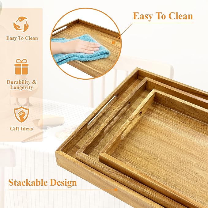 3 Pack Acacia Wood Serving Tray with Handles, Decorative Serving Trays Platter for Breakfast in Bed, Lunch, Dinner, Patio, Ottoman, Coffee Table, BBQ, Party, Great for Lap &Couch (Set of 3)-Ruum Studio Home