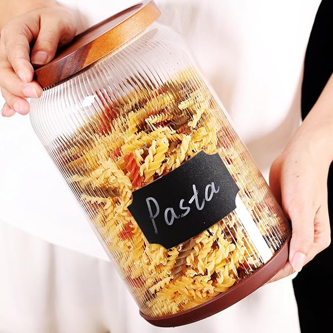 SAIOOL 2-Pack Striped Borosilicate Glass Airtight Canisters - Big mouth Large Capacity, Acacia Wood Lid, Food Storage Jars for Flour, Pasta, Pantry Organization (1 Gallon （2 Striped pack）)-Ruum Studio Home