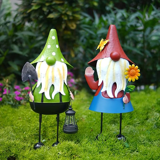 HONGLAND Solar Metal Gnome Yard Art -18 Inch Garden Gnomes Statues Outdoor Decor with Solar Lantern Lights -3D Outdoor Figurines for Patio Yard Lawn Porch Ornament Gardening Gifts-Ruum Studio Home