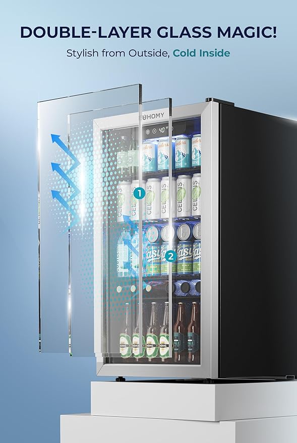 EUHOMY Beverage Refrigerator and Cooler, 128 Can Mini fridge with Glass Door, Small Refrigerator with Adjustable Shelves for Soda Beer or Wine, Perfect for Home/Bar/Office, Silver-Ruum Studio Home