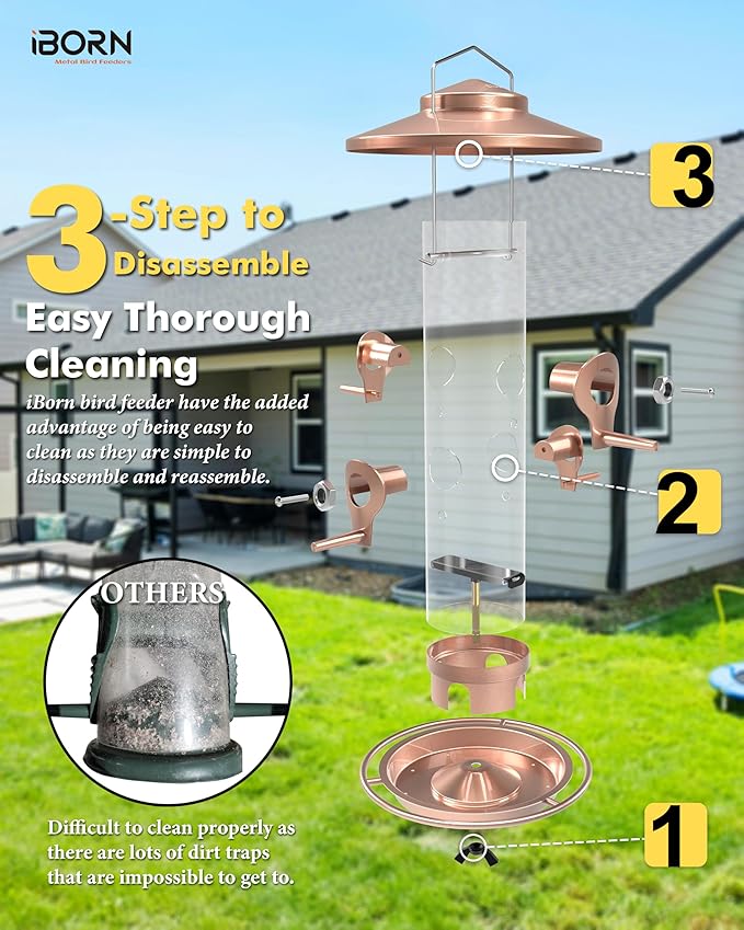 iBorn Bird Feeders for Outdoors, 2LB Metal Bird Feeders 17cm Large Roof &Tray, 4 Feeding Ports, Brushed Copper Finishing-Ruum Studio Home