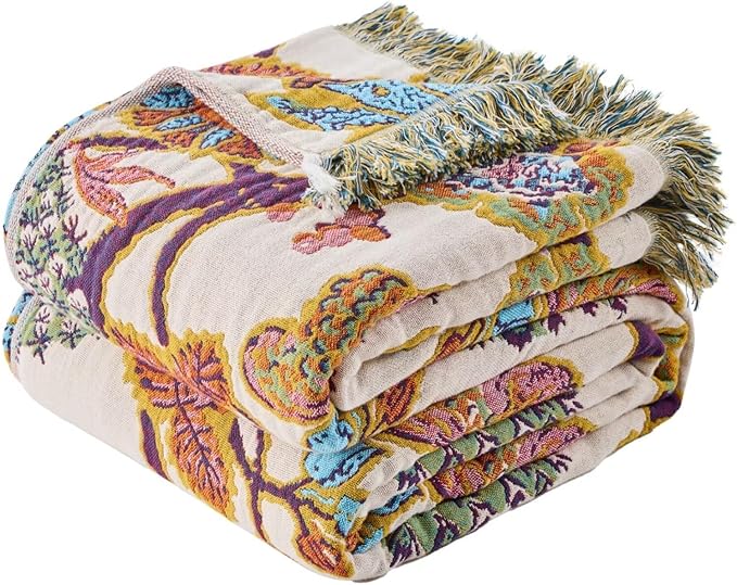 Boho Throw Blanket for Bed, Sofa,Cozy Lightweight Fall Blanket,100% Cotton Southwestern Farmhouse Floral Decor, Reversible Rustic Blanket, Chair, Picnic Throw Blanket,50"x60"-Ruum Studio Home