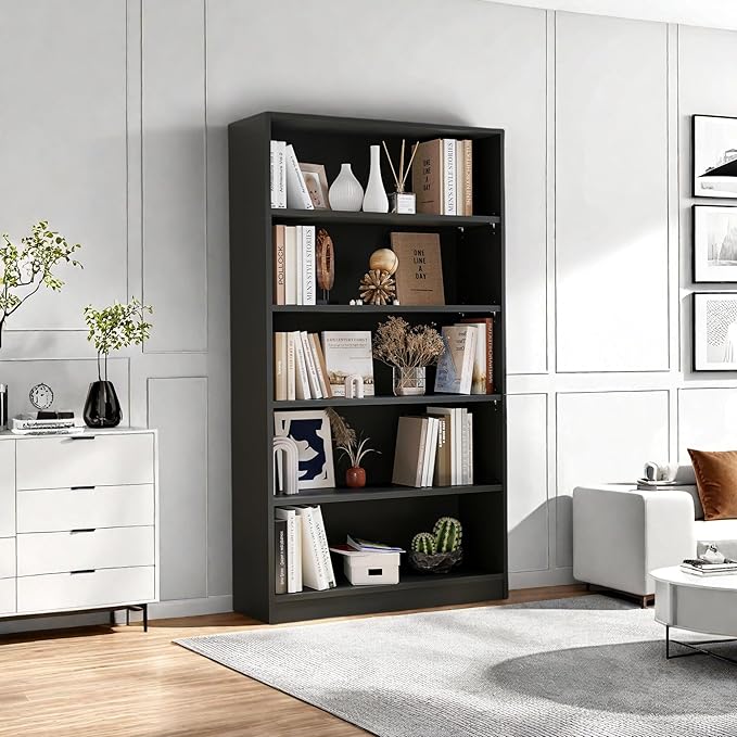 Bookshelf, Open Modern Bookshelf, 5 Shelf Bookcase with Freestanding Display Storage, Wooden Book Shelf for Bedroom, Living Room, Dinning Room, Office, 60 Inch, Black-Ruum Studio Home