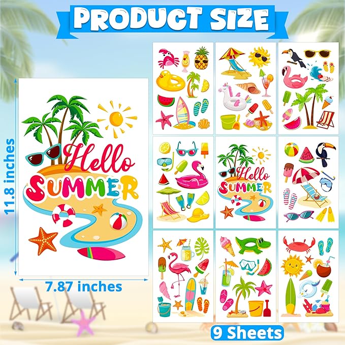 9 Sheets Summer Window Clings, Double Sided Summer Window Clings for Glass Windows, Hello Beach Decals, Sun Watermelon Pattern Stickers for Home Office Accessories Decorations-Ruum Studio Home