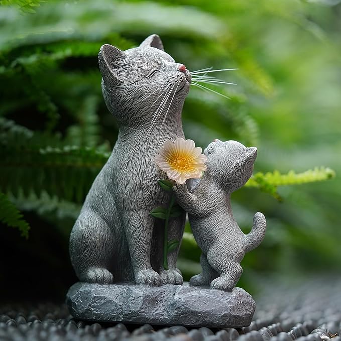 Solar Cat Garden Statue Outdoor Decor - Mother & Kitten Figurines with Flower LED Light, Outside Yard Art Patio Balcony Lawn Ornament, Unique Gifts for Cat Lover-Ruum Studio Home