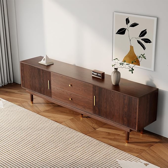 Mid Century Modern TV Stand for 75 inch TV, 70.9" Walnut TV Console with 2 Storage Cabinet & 2 Drawers, Entertainment Center, Media Console for Living Room/Bedroom-Ruum Studio Home