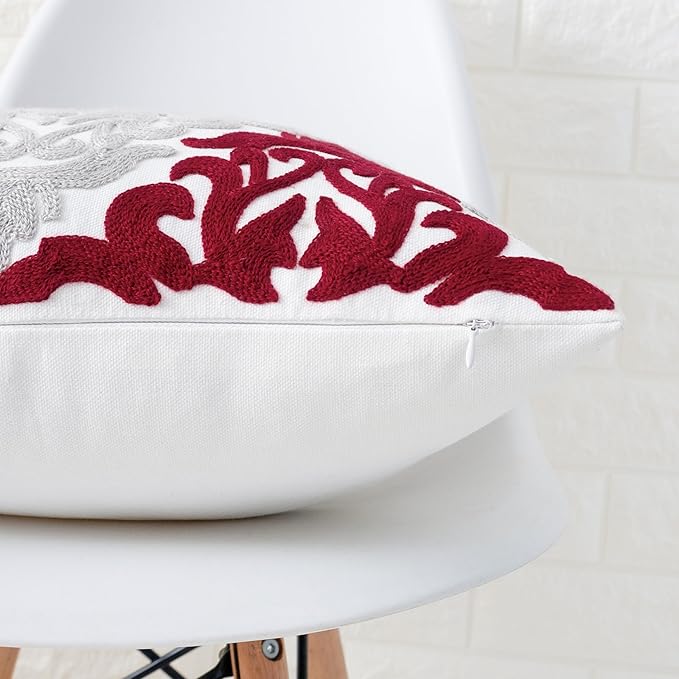 HWY 50 Burgundy Red Decorative Throw Pillow Covers 18x18 Inch, Pack of 2 Embroidered Cotton Farmhouse Cushion Cover Pillow Case for Sofa Couch Living Room Bed Bedroon, Accent Geometric-Ruum Studio Home