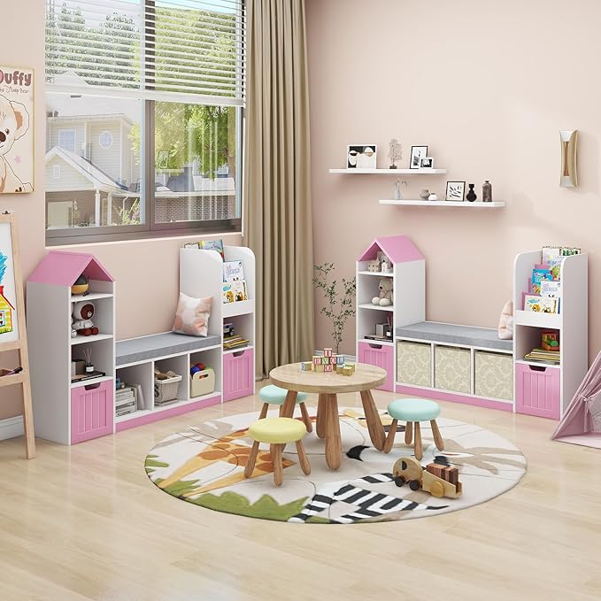 Toy Storage Organizer for Kids Bookshelf with Reading Nook, Multifunctional Kids Bookcase with 7 Storage Cubbies, 2 Movable Drawers and Seat Cushion for Keeping Kids' Toys Books Organized, Pink-Ruum Studio Home