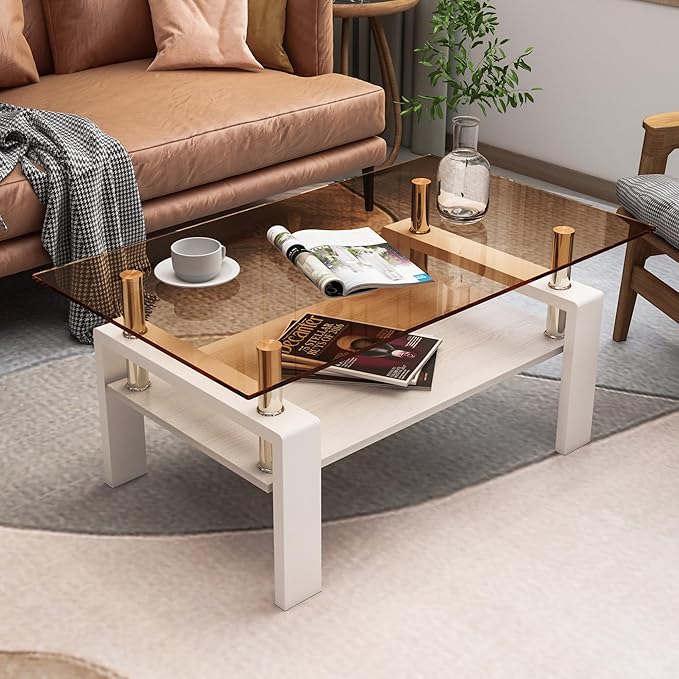 Glass Coffee Table Rectangle Living Room Center Table, with Brown Tempered Glass Tabletop and White MDF Layer,for Living Room and Office, Brown+White-Ruum Studio Home