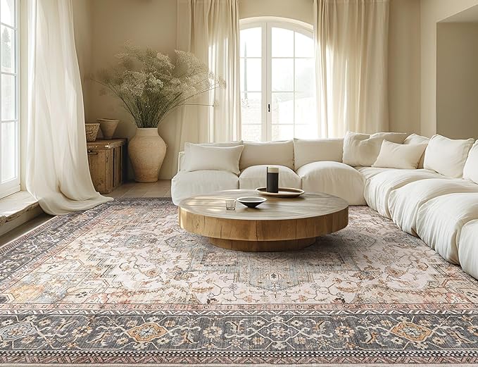 Washable Area Rugs for Living Room - 7x9 Neutral Vintage Distressed Floral Farmhouse Boho Large Soft Floor Rug Indoor Non Slip Carpet for Living Room Bedroom Dining Room Office - Forest Green Orange-Ruum Studio Home