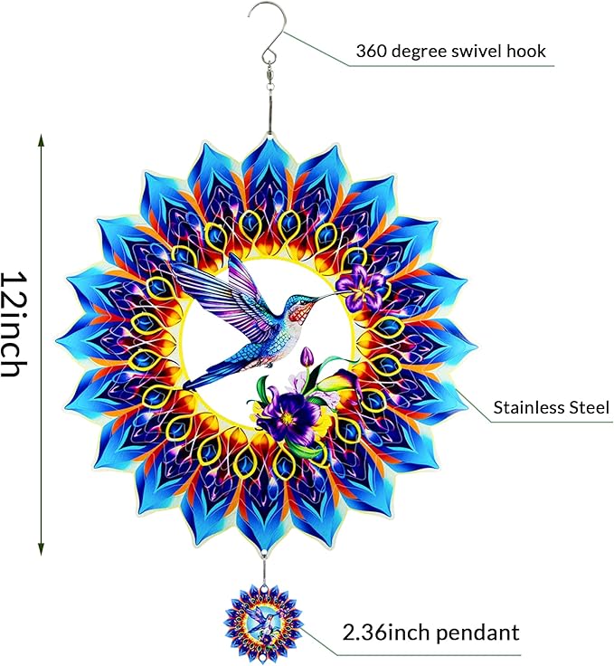 Hummingbird Wind Spinner,Hanging Wind Spinners Outdoor for Garden Decoration，12 inch 3D Stainless Steel Wind Sculpture for Indoor/Outdoor Decor-Ruum Studio Home