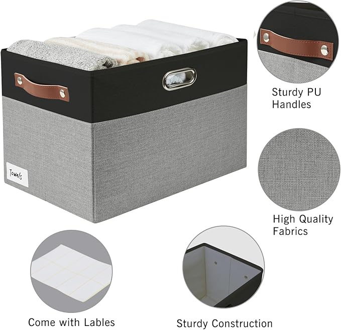 Large Collapsible Fabric Storage Bins with 3 Handles, Foldable Organizer Baskets for Closet, Shelves, Living Room | 3 Pack, Durable PU & Metal Handles (17"x11.8"x11.8", Black & Gray)-Ruum Studio Home