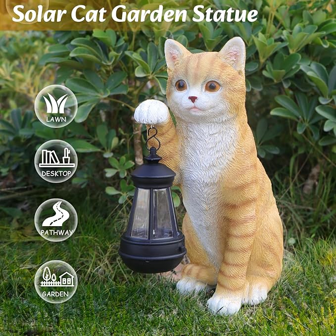 Solar Powered Outdoor Cat Garden Statue, Crafted Garden Sculptures & Statues for Patio, Yard, Lawn, Gardening Gifts for Women and Mom(11" Cat)-Ruum Studio Home