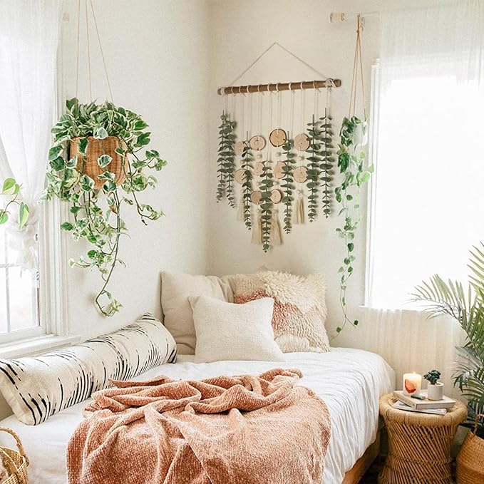 Artificial Eucalyptus Wall Decor Fake Greenery Leaves Stems Wall Hanging Plants on 16.5 inch Wooden Stick Boho Rustic Farmhouse Decor for Bedroom Kitchen Dining Room Bathroom-Ruum Studio Home