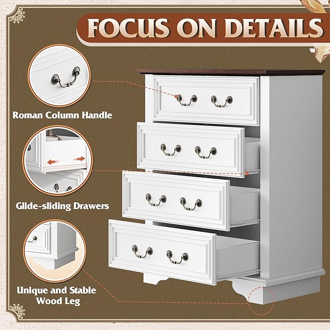 WLIVE Farmhouse Dresser for Bedroom, Tall Wood Dresser with 4 Drawers, Chest of Drawers with Roman Metal Handle for Living Room, Hallway, Closet, White-Ruum Studio Home