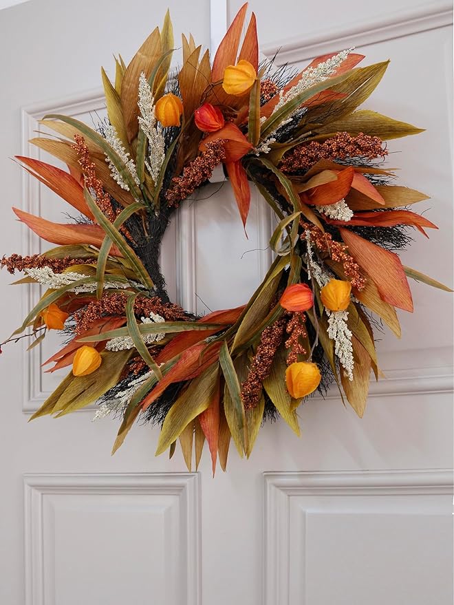 Fall Corn Husk & Berry Door Wreath for Front Door 24 Inch, Festive & Rustic Farmhouse Autumn Harvest Wreath, Fall Decor for Home Door Wall Porch Window, Orange/Yellow/Brown-Ruum Studio Home